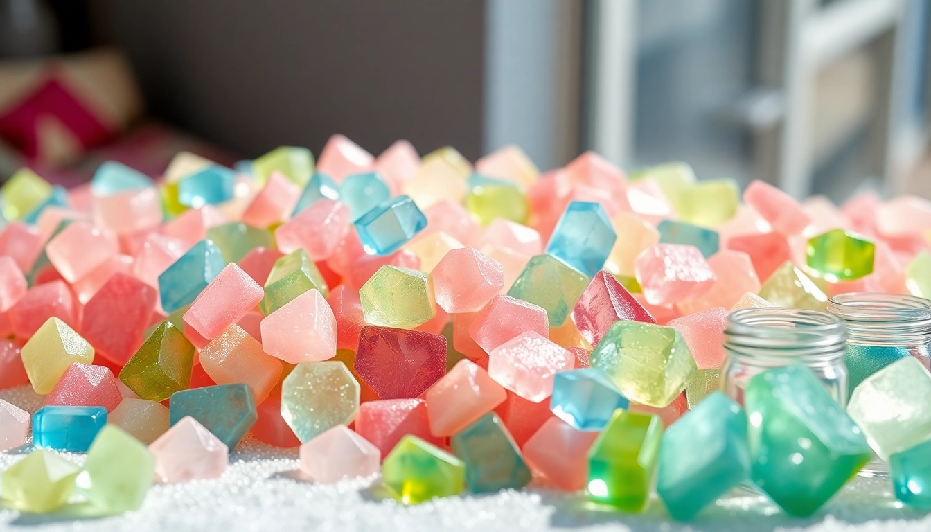 Admire vibrant crystal candy arranged in a playful setting, showcasing their gem-like beauty.