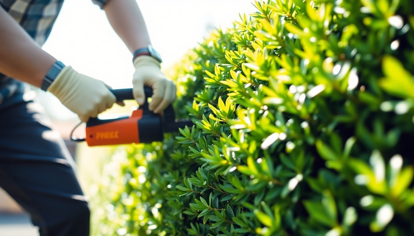 Shrub trimming with precision by a gardener using hedge trimmers on lush green foliage.