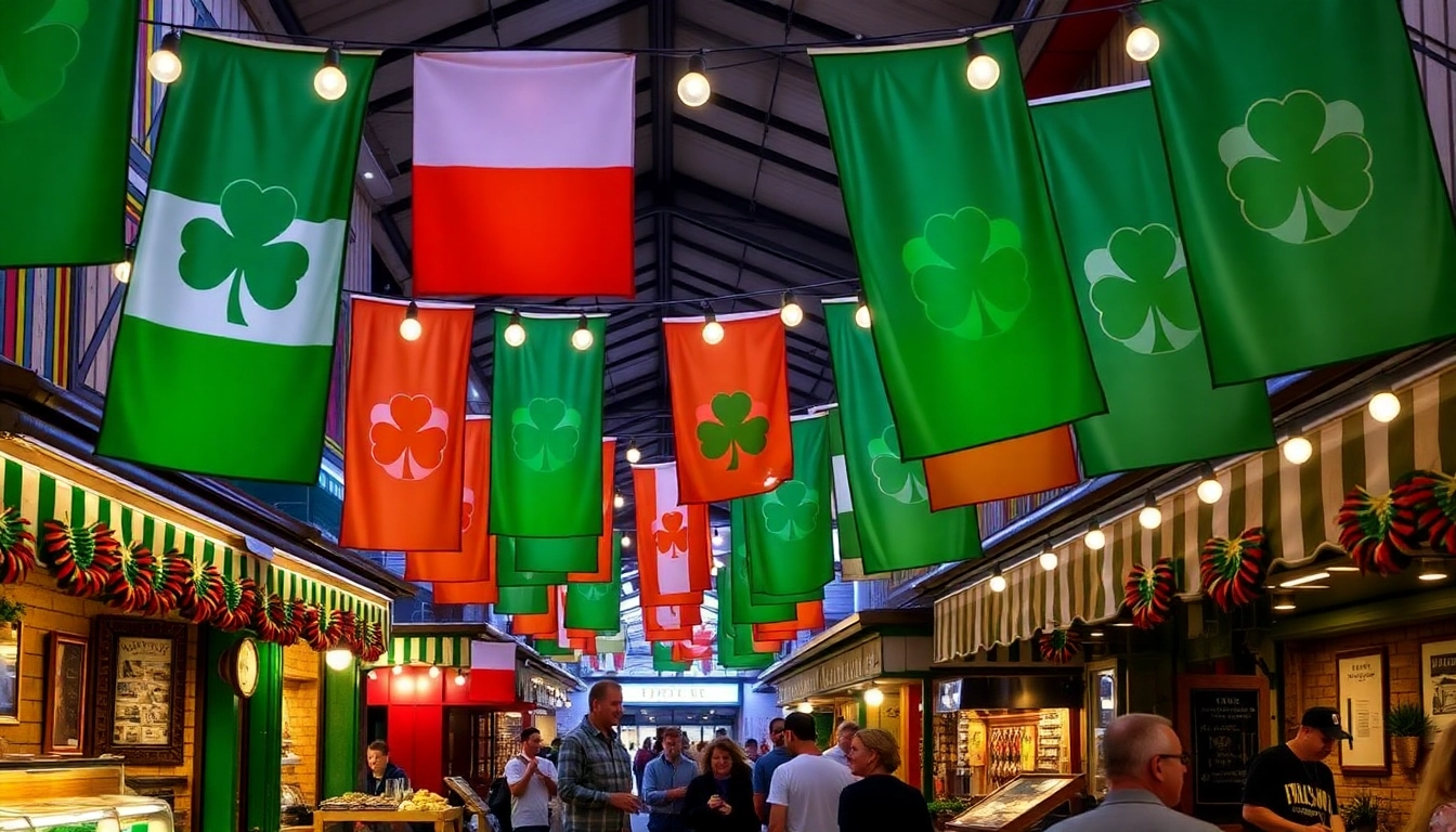 Showcasing custom flags Ireland with vibrant colors and unique designs at a lively outdoor market.