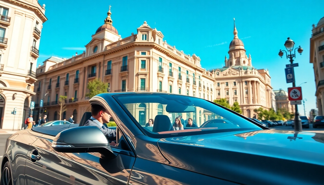 Experience a professional hire car with driver Madrid, showcasing luxury and elegance on city streets.