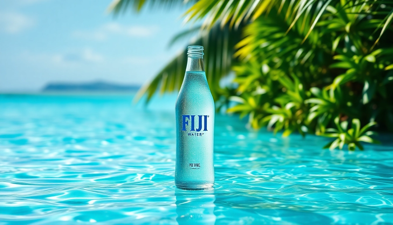 Enjoy Fiji Water in a beautiful tropical setting, captured with bright colors and natural light, showcasing the premium quality.