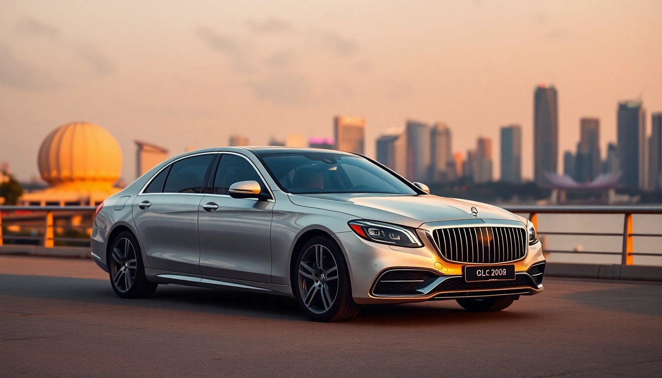 Experience luxury hire car with driver Singapore against the skyline of a vibrant city.