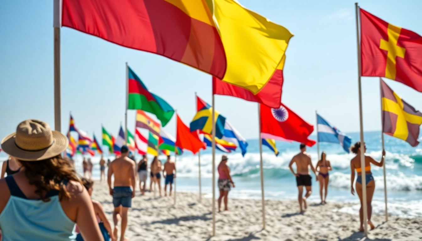 Watch colorful beach flags flying in the sunlight, indicating surf conditions at a bustling beach.