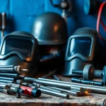 Find welding supplies near me, featuring an array of professional-grade helmets, rods, and tools on a workbench.