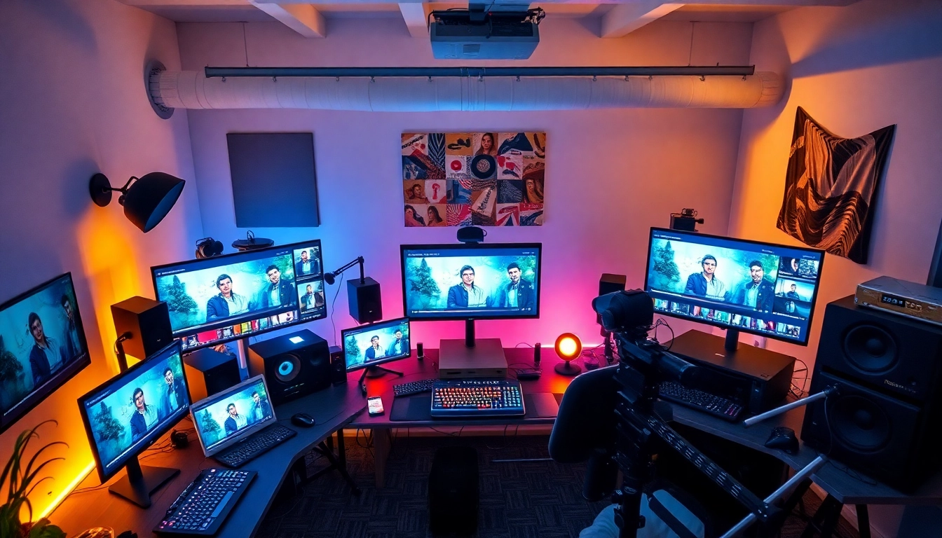 Engage with professional YouTube Videos Services in a vibrant video editing studio filled with advanced technology.