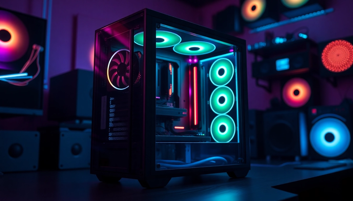 Showcase a custom gaming pc case with vibrant RGB lighting and a transparent side panel design.