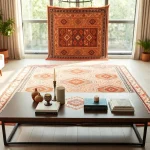 Showcasing a Moroccan Mrirt Rug in a stylish living room setup, highlighting its intricate patterns.