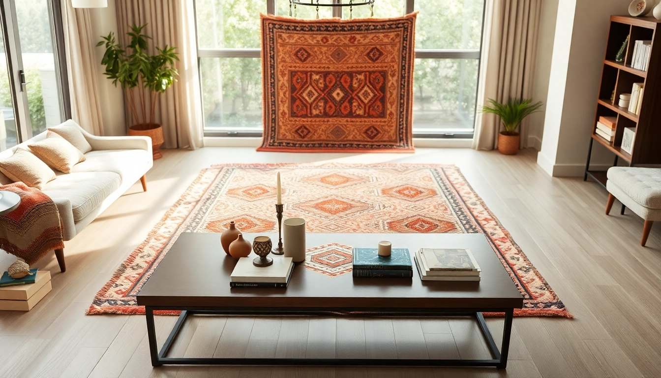 Showcasing a Moroccan Mrirt Rug in a stylish living room setup, highlighting its intricate patterns.