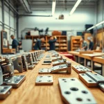 Cabinet Hinge Manufacturers showcasing a variety of hinges in a professional workshop setting.