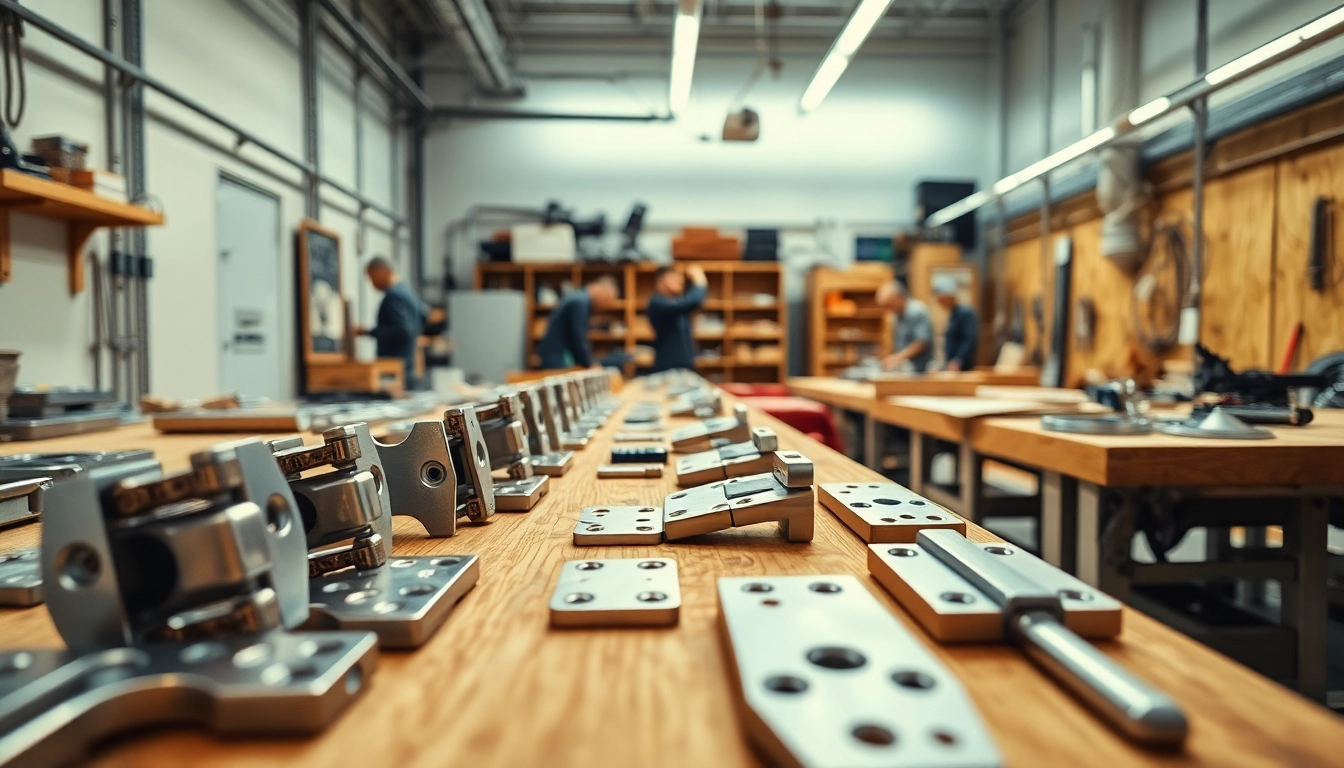Cabinet Hinge Manufacturers showcasing a variety of hinges in a professional workshop setting.