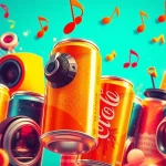 Enjoying 汽水音乐网页版 with colorful musical notes and soda cans representing a lively music experience.