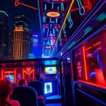 Ride in a stylish Atlanta party bus with modern amenities and vibrant interior lighting.
