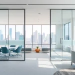 Showcase movable glass partitions enhancing a contemporary office's openness and elegance.