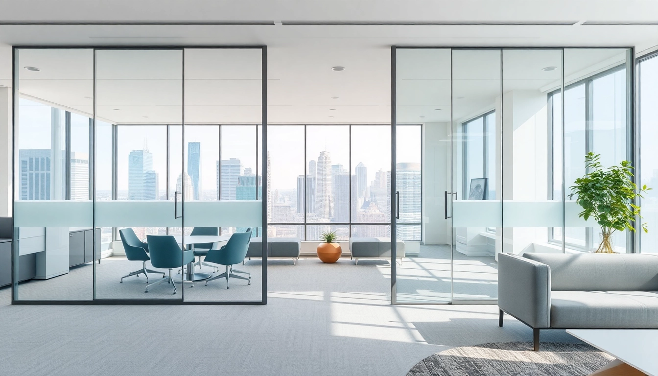 Showcase movable glass partitions enhancing a contemporary office's openness and elegance.