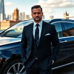 London chauffeur waiting beside a luxury vehicle in a sophisticated city atmosphere.