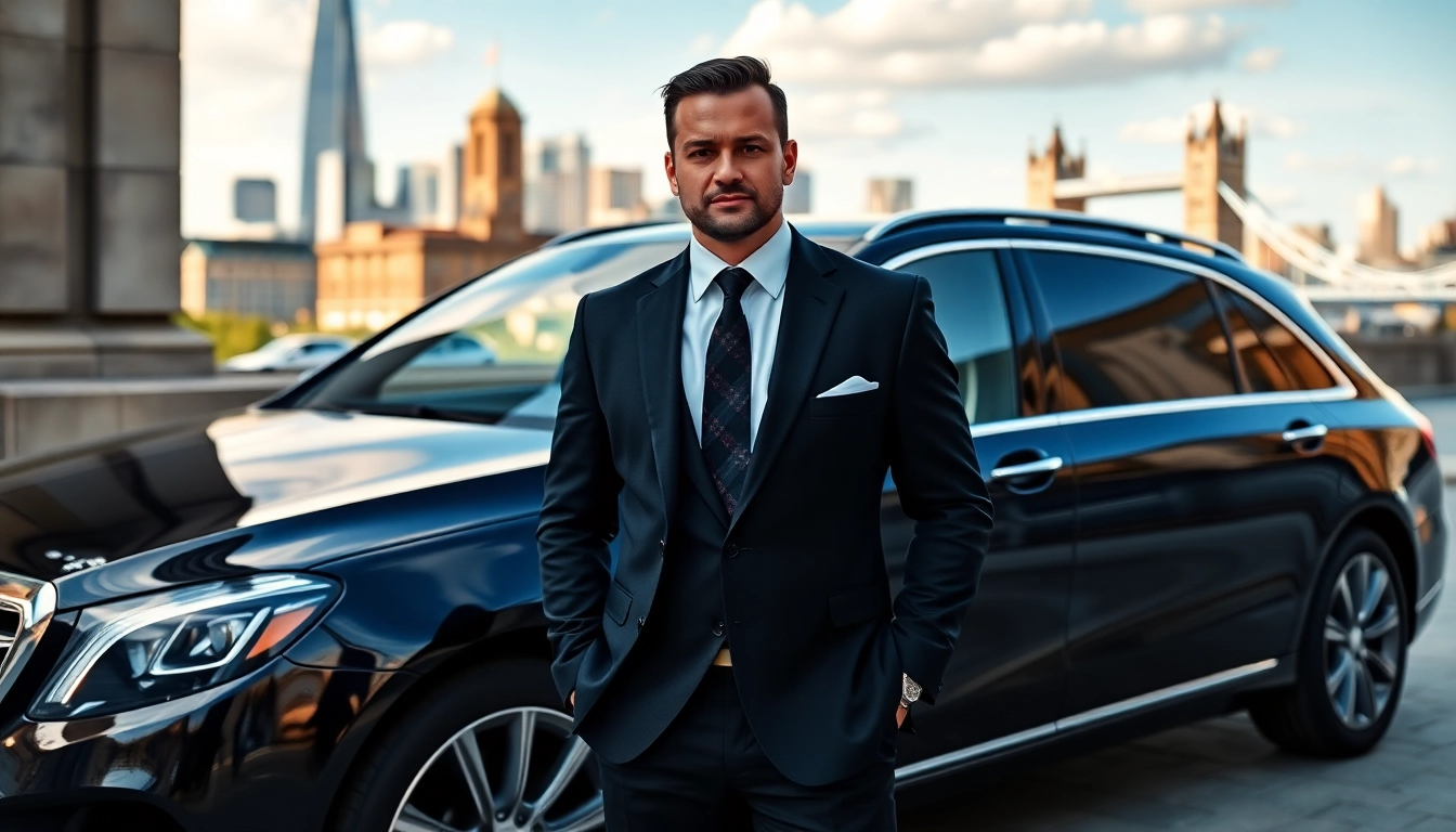 London chauffeur waiting beside a luxury vehicle in a sophisticated city atmosphere.
